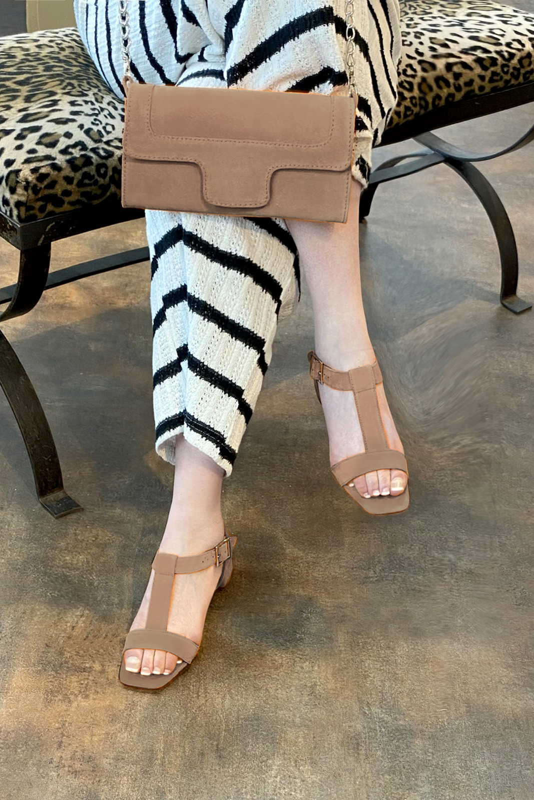 Biscuit beige women's fully open sandals, with an instep strap. Square toe. Low flare heels. Worn view - Florence KOOIJMAN